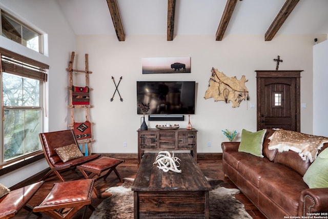 living room featuring beam ceiling and dark wood-type flooring