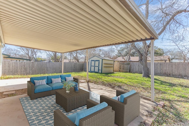 view of patio / terrace featuring a shed and outdoor lounge area