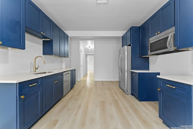 kitchen with appliances with stainless steel finishes and blue cabinets