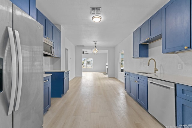 kitchen featuring light wood-type flooring, stainless steel appliances, sink, blue cabinetry, and hanging light fixtures