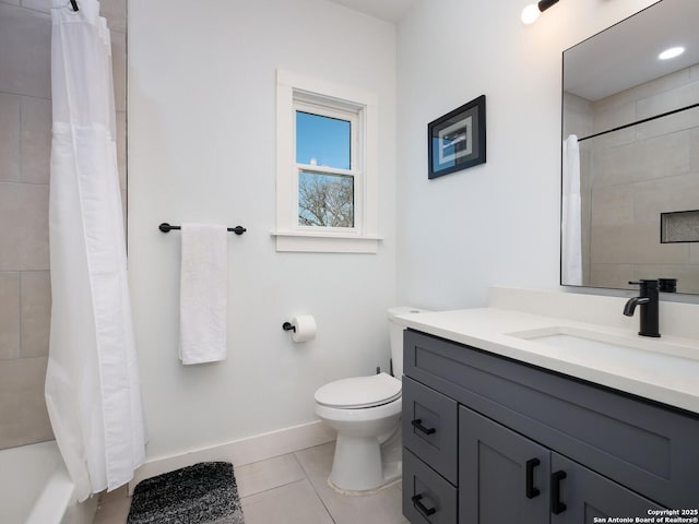 full bathroom featuring toilet, tile patterned flooring, shower / bath combo, and vanity