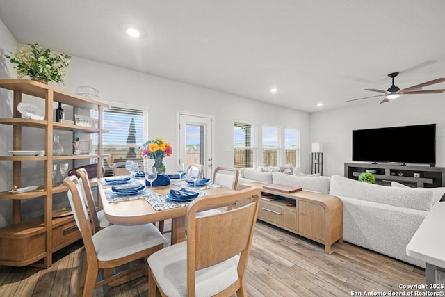 dining space featuring ceiling fan, plenty of natural light, and light hardwood / wood-style floors