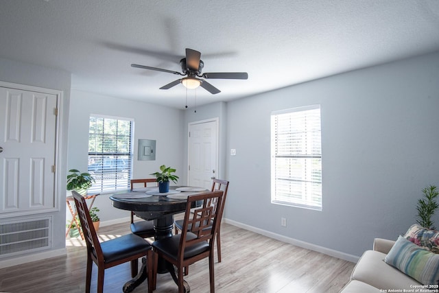 dining space featuring plenty of natural light, ceiling fan, light wood-type flooring, and electric panel