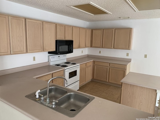 kitchen featuring sink, light brown cabinets, white electric range, kitchen peninsula, and light tile patterned floors