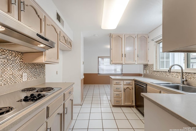 kitchen featuring decorative backsplash, white stovetop, sink, light tile patterned floors, and dishwasher