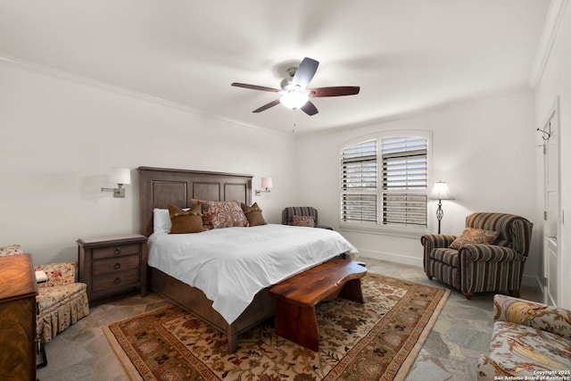 bedroom featuring ceiling fan and crown molding