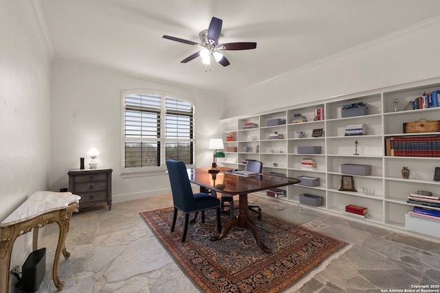 dining space with ceiling fan and crown molding