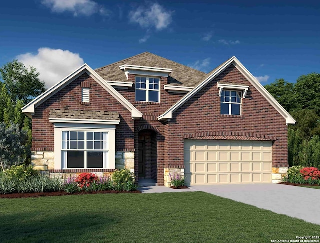 view of front of house featuring a garage and a front lawn