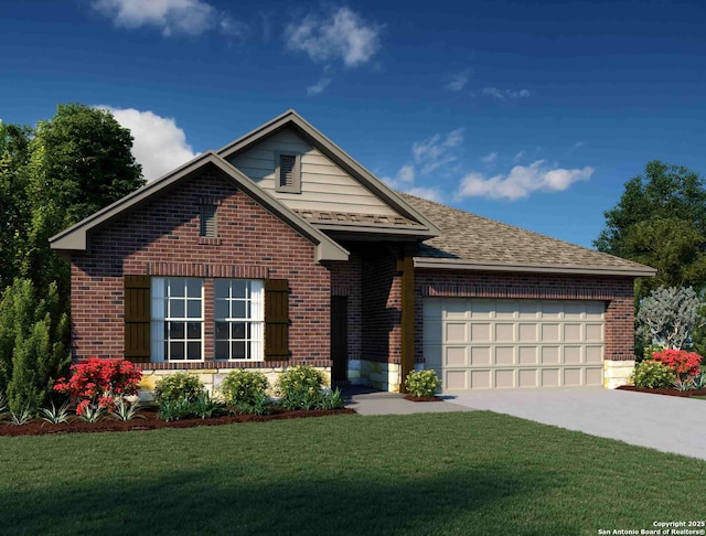 view of front of house with a garage and a front lawn