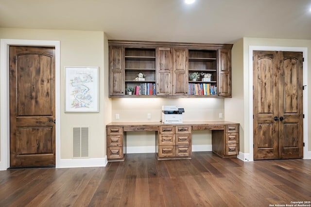 unfurnished office with dark wood-type flooring, visible vents, and built in desk