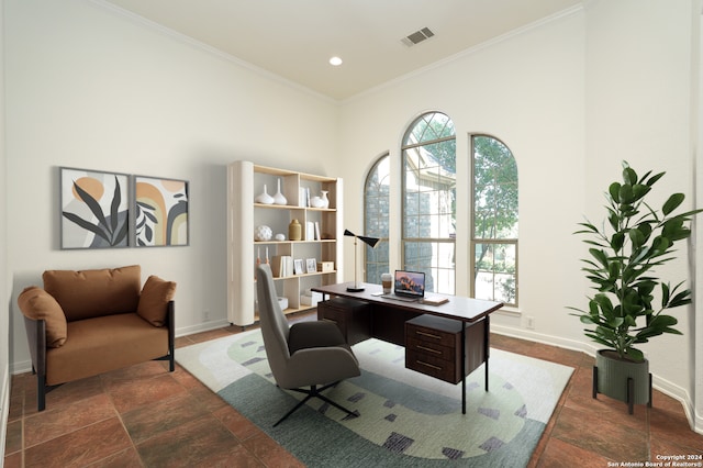 home office with a healthy amount of sunlight and ornamental molding