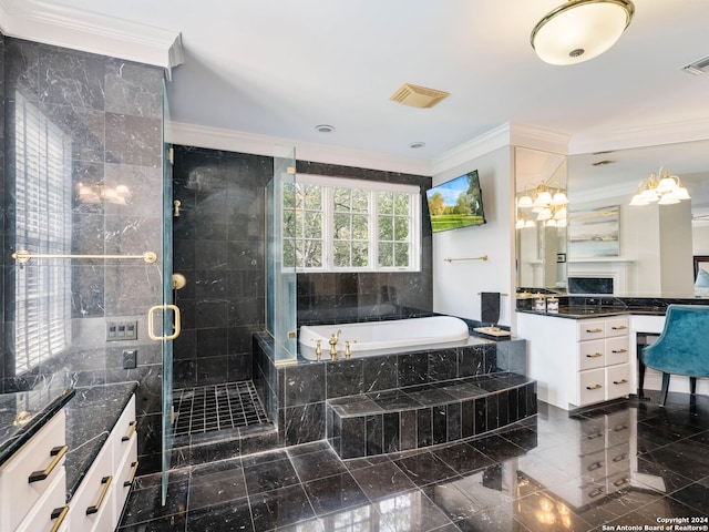 bathroom with plus walk in shower, crown molding, vanity, and tile walls