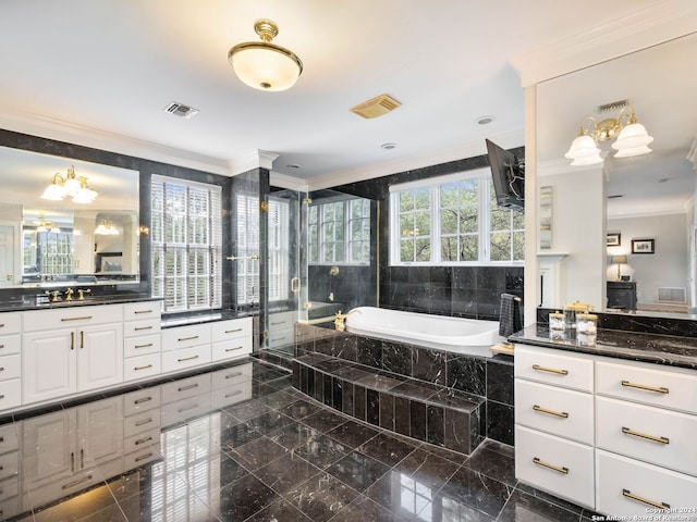 bathroom featuring plus walk in shower, vanity, and ornamental molding