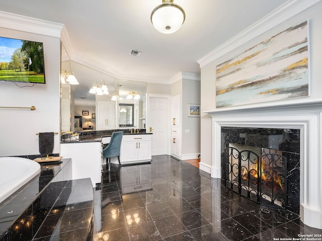 interior space featuring a fireplace and ornamental molding