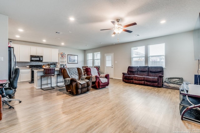 living room featuring light hardwood / wood-style flooring, a healthy amount of sunlight, and a textured ceiling