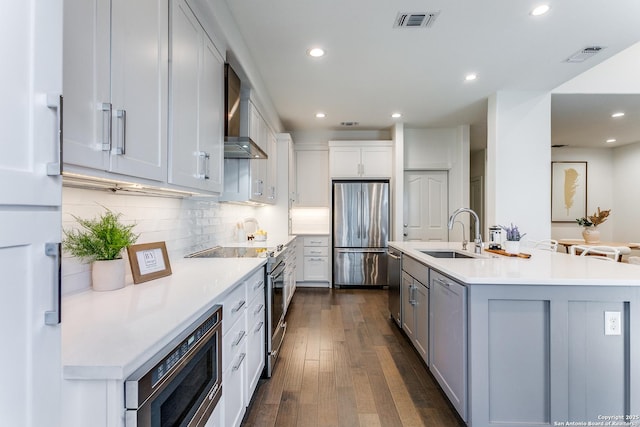 kitchen with white cabinetry, sink, stainless steel appliances, wall chimney range hood, and decorative backsplash