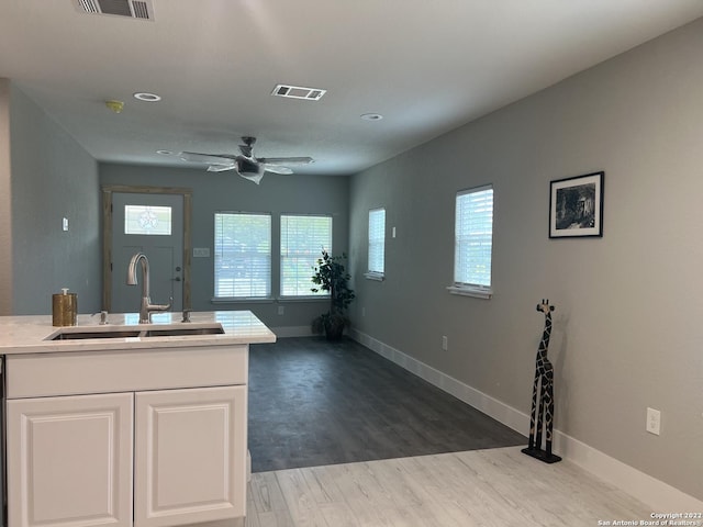 kitchen featuring dishwashing machine, ceiling fan, sink, wood-type flooring, and white cabinets