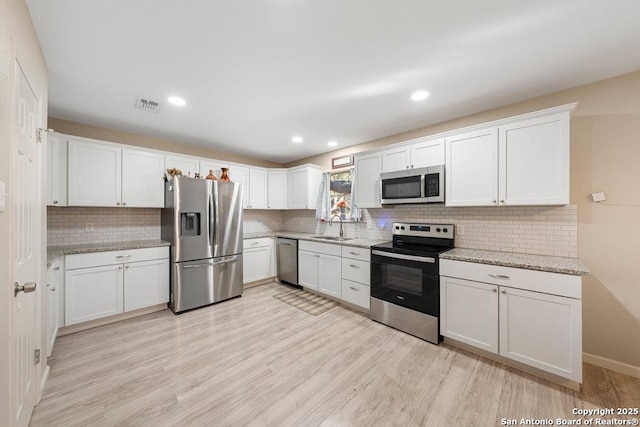 kitchen featuring white cabinetry, sink, stainless steel appliances, and light hardwood / wood-style floors