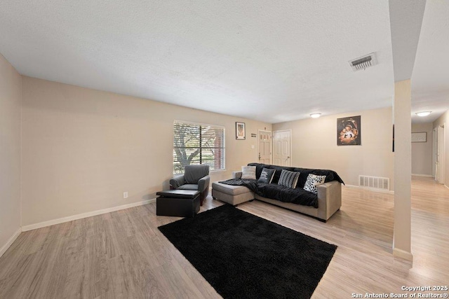 living room with light hardwood / wood-style floors and a textured ceiling