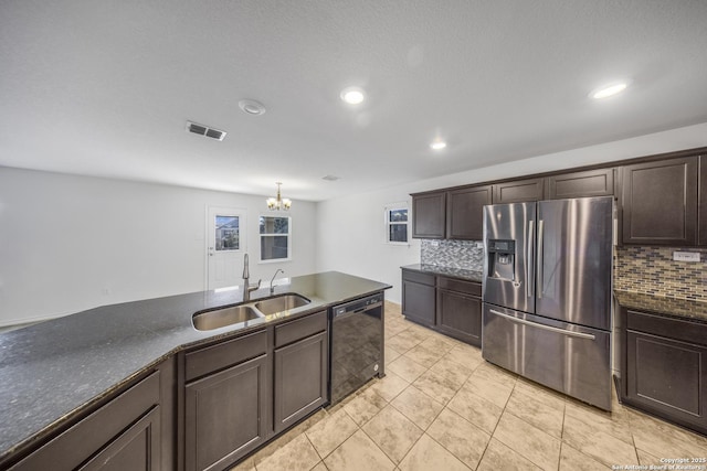 kitchen with sink, black dishwasher, stainless steel fridge with ice dispenser, a notable chandelier, and dark brown cabinets