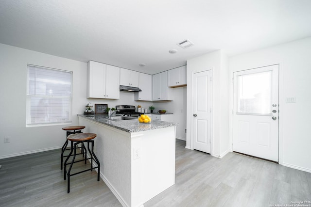 kitchen featuring white cabinets, stone countertops, light hardwood / wood-style floors, kitchen peninsula, and gas stove