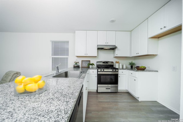 kitchen with white cabinetry, stainless steel range with gas cooktop, and sink