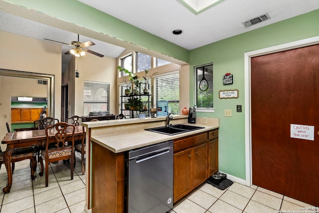 kitchen with ceiling fan, sink, stainless steel dishwasher, kitchen peninsula, and light tile patterned flooring