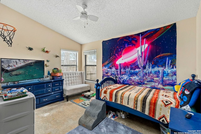 bedroom featuring ceiling fan, light colored carpet, a textured ceiling, and vaulted ceiling