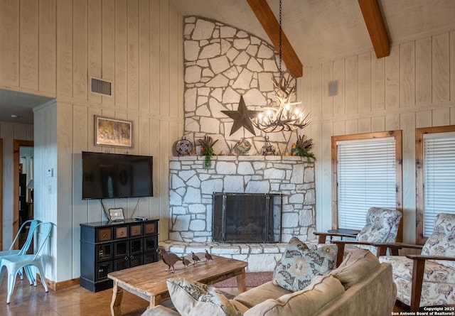 living room with an inviting chandelier, a stone fireplace, beamed ceiling, high vaulted ceiling, and wooden walls