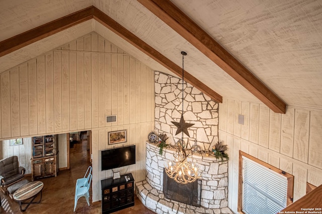 living room with wood walls, beamed ceiling, high vaulted ceiling, and a notable chandelier