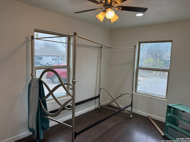 workout area featuring dark hardwood / wood-style floors and ceiling fan