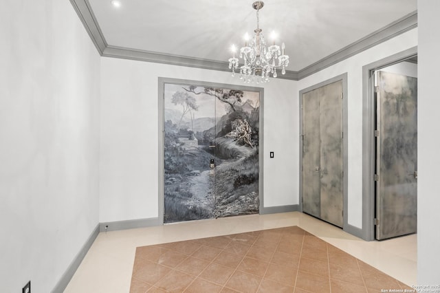 interior space with tile patterned floors, ornamental molding, and a chandelier