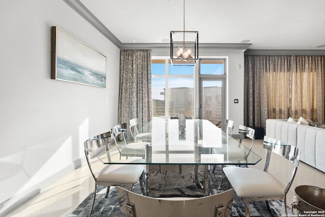 dining area with radiator, crown molding, and a notable chandelier