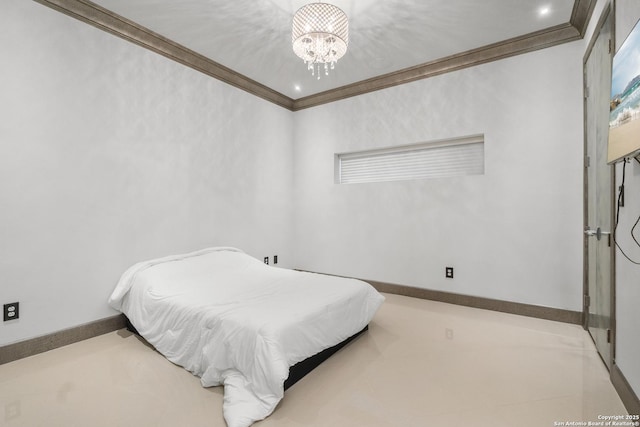 bedroom featuring a notable chandelier and crown molding