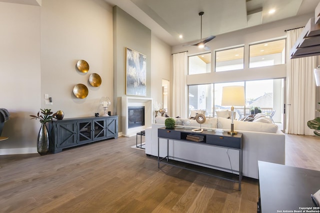 living room with dark hardwood / wood-style flooring and a high ceiling