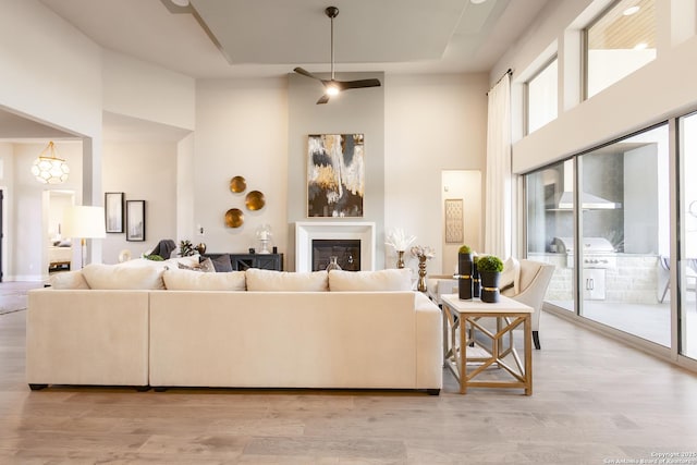 living room featuring a tray ceiling, light hardwood / wood-style flooring, and a high ceiling