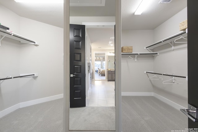 spacious closet featuring light colored carpet