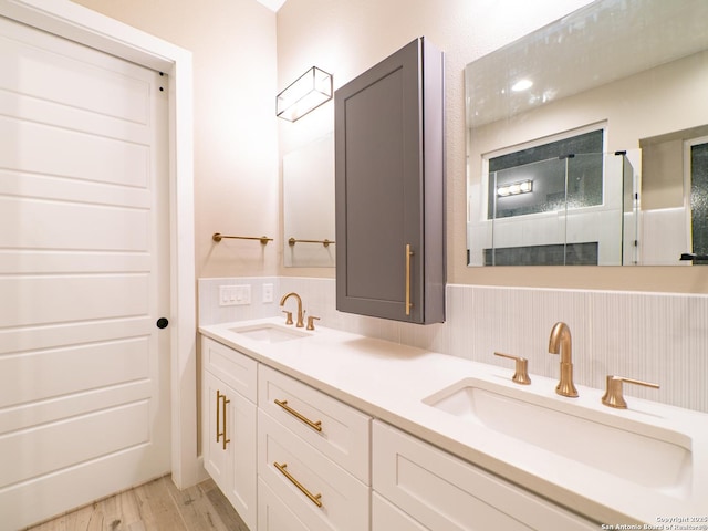 bathroom with wood-type flooring and vanity