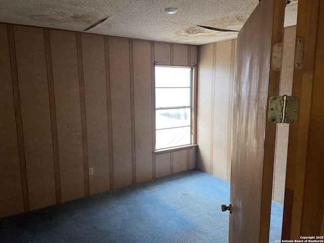 carpeted empty room with wood walls and a textured ceiling