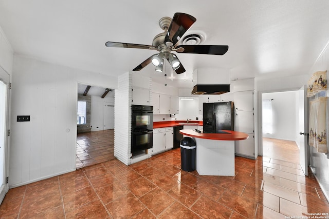 kitchen featuring white cabinetry, a center island, ceiling fan, beamed ceiling, and black appliances