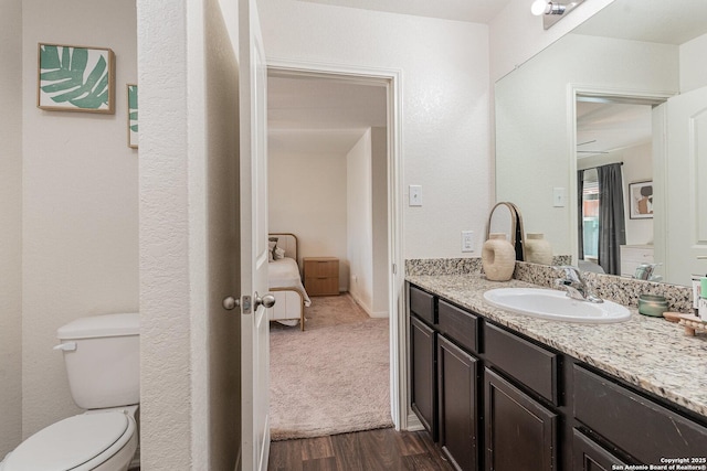 bathroom featuring hardwood / wood-style floors, vanity, and toilet