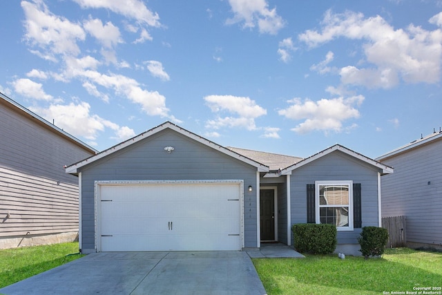 ranch-style house with a garage and a front lawn