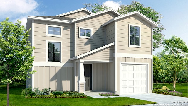 view of front of house featuring a front lawn and a garage