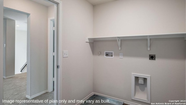 clothes washing area with hookup for an electric dryer, hookup for a washing machine, light colored carpet, and hookup for a gas dryer