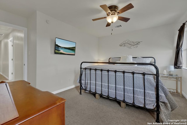 carpeted bedroom featuring ceiling fan