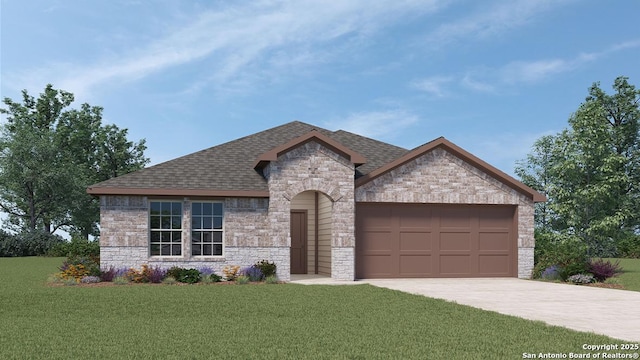 view of front of home with a garage and a front lawn