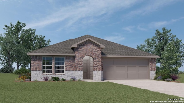 view of front facade with a front yard and a garage