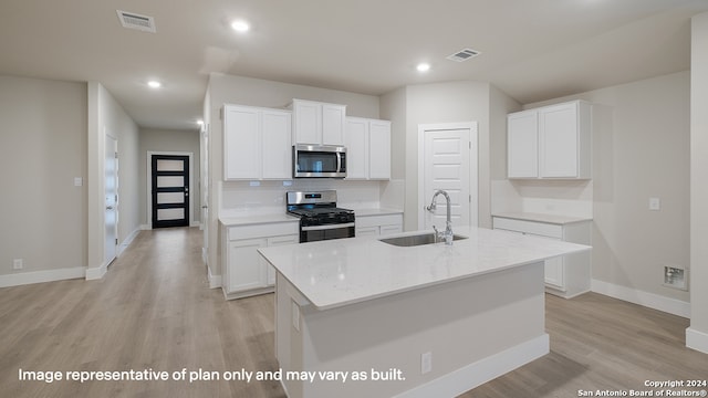 kitchen featuring sink, white cabinetry, stainless steel appliances, and a kitchen island with sink