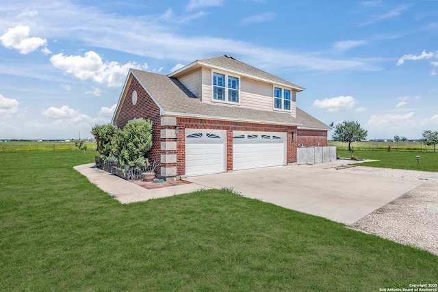 view of home's exterior with a garage and a lawn