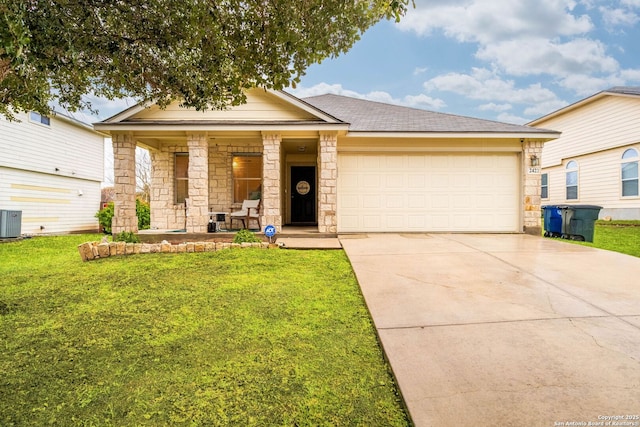 view of front of property featuring a garage, covered porch, a front yard, and cooling unit